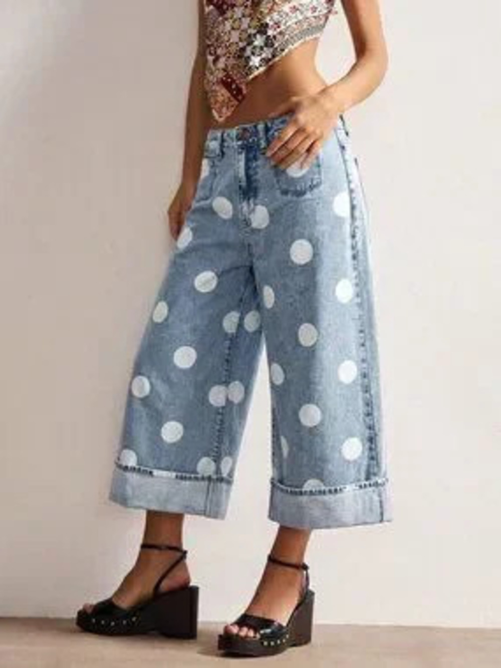 ZARA Blue Casual Women's Woven Polka Dot Pattern Loose Wide-Leg Pants